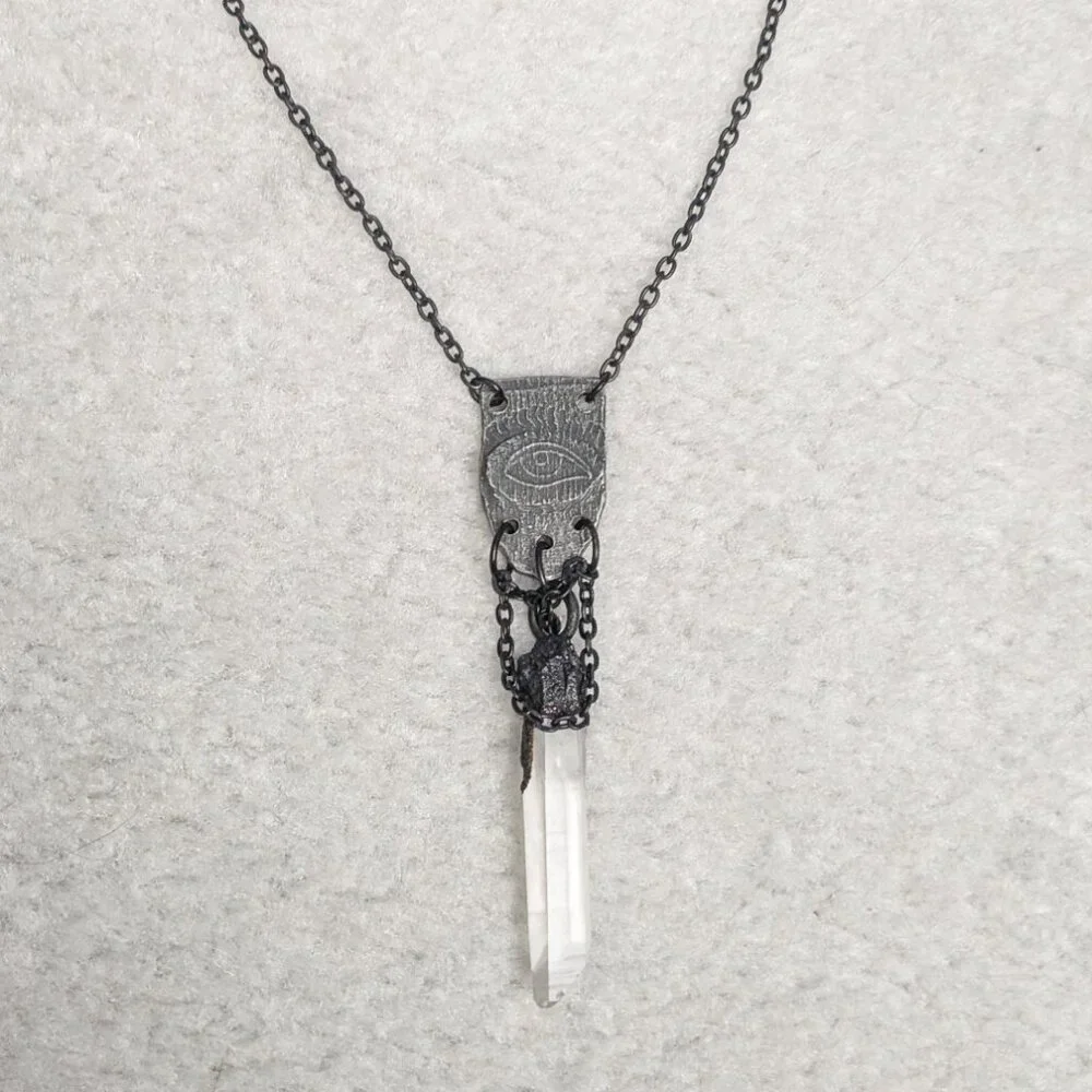 Raw Quartz Crystal Point Evil Eye Protective Talisman Necklace - Witchy, Gothic - Picture 2 of 7